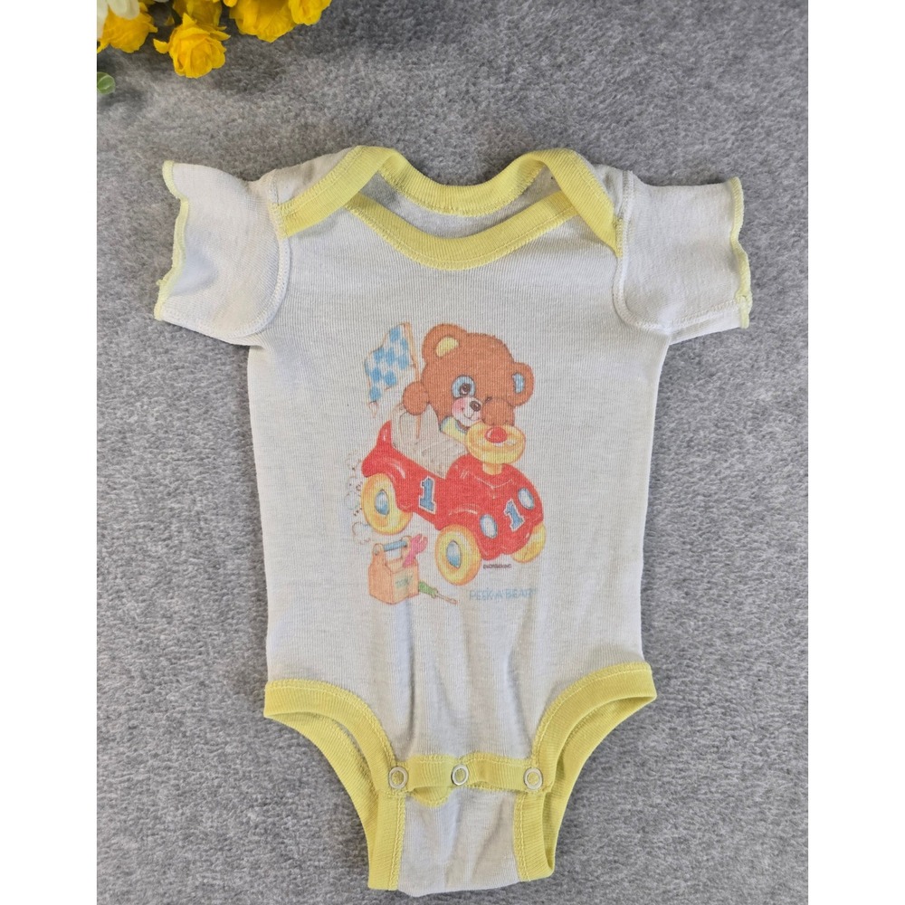 Peek-A-Bear Bodysuit Baby White Yellow Vintage 80s Race Car Teddy Bear Snap
